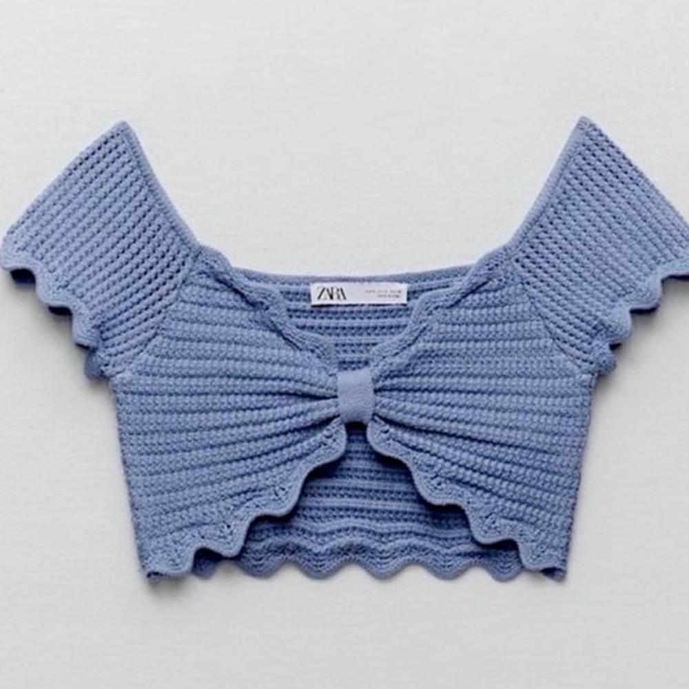 Zara Powder Blue Knit Cropped Bow-Front Top
